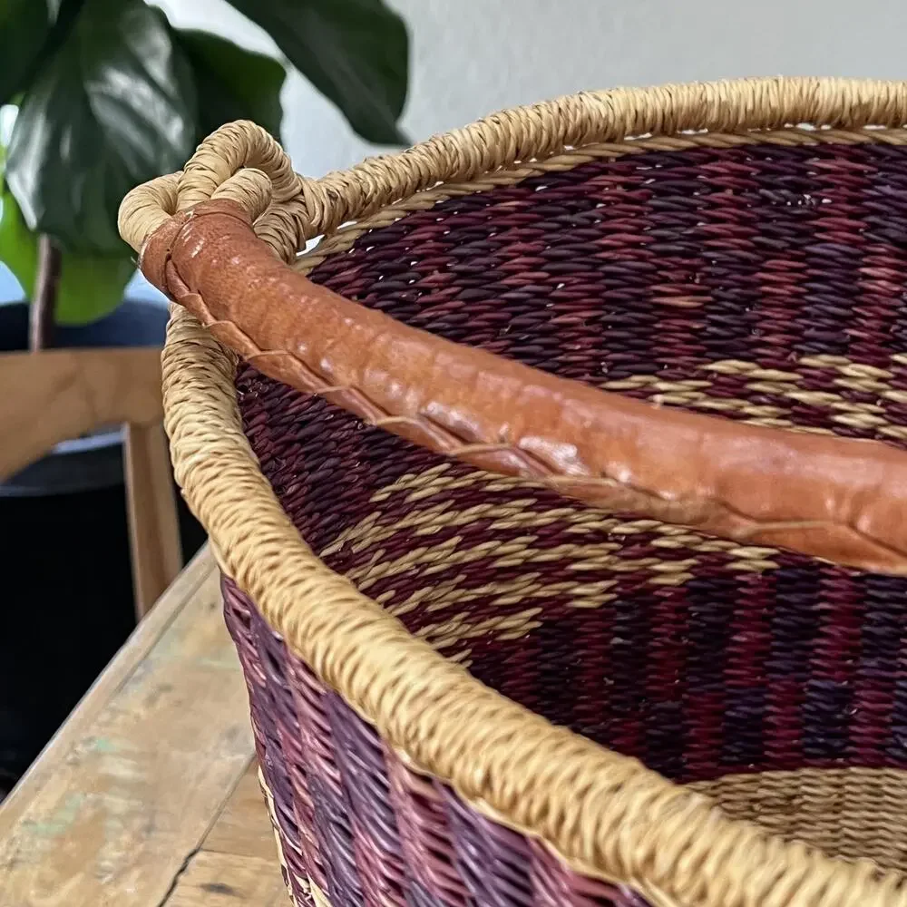 African Hand Woven Bolga Ghana Market Bucket Basket With Leather Wrap Handle
